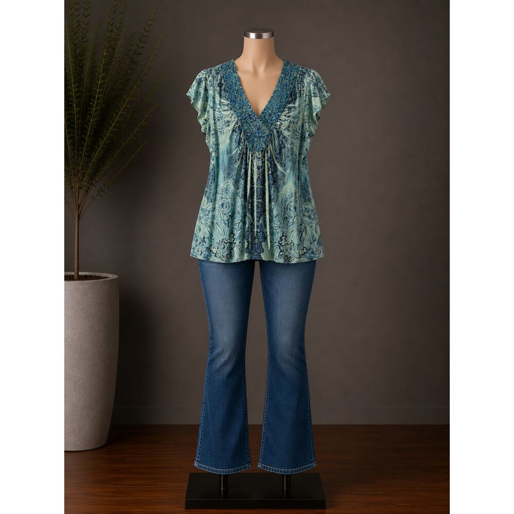 Covington Blue Beaded Paisley Embellished Flutter Sleeve Top XL